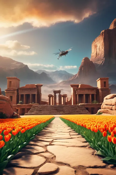 a helicopter flying over a field of orange tulips near a mountain