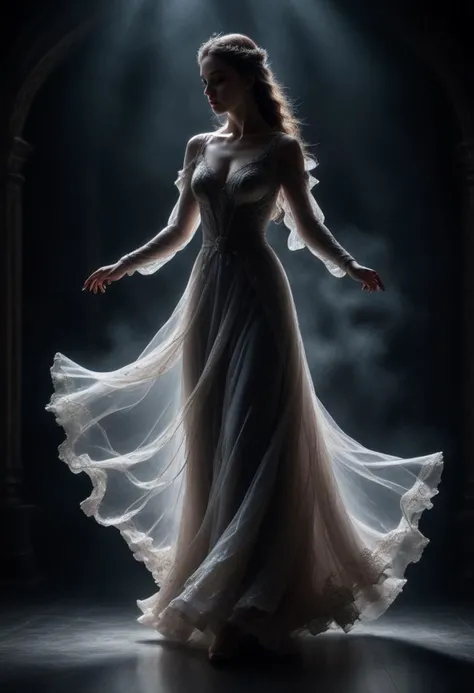 a high quality professional photo of a heartbroken ghost dancer dancing gracefully on a moonlit stage, cinematic, realism, emotional, ethereal, haunting, ghostly, ballet dancer, transparent, flowing gown, misty atmosphere, dramatic lighting, moonlight cast...