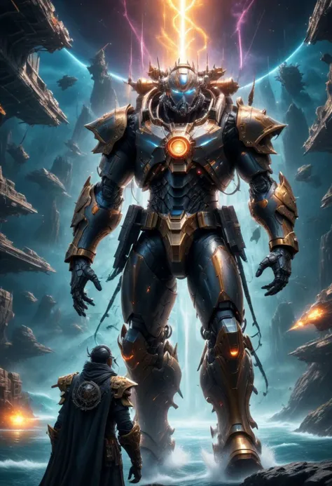 a poster of a giant robot standing in front of a man