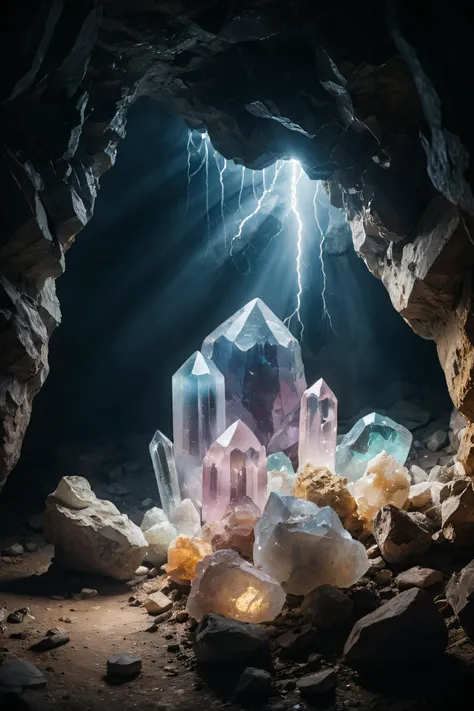 a cave full of large glowing transparent natural crystals, mystic fog, lightning inside, rays of light, lightnings, photorealist...