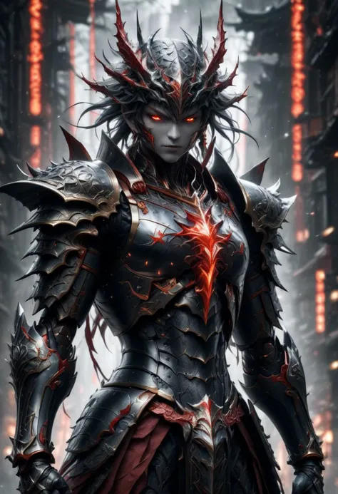 a woman in armor standing in a dark forest