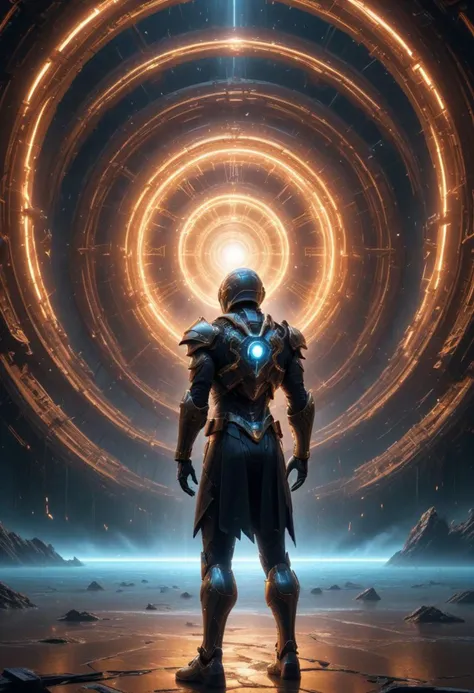 a man standing in front of a glowing spiral tunnel