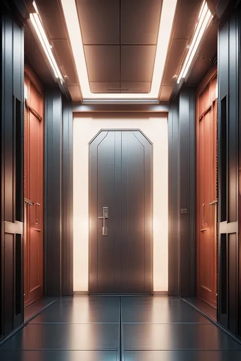 a close up of a metal door in a building with a light on