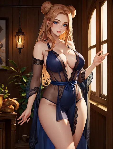 (masterpiece, best quality, high quality, highres:1.4), detailed, extremely detailed, ambient soft lighting, 4K, 1girl, (mature female, milf:1.2), (long ginger hair, bun hair  :1.3), (blue eyes, seductive smile:1.2), curvy, wide hips, big breasts, voluptuo...