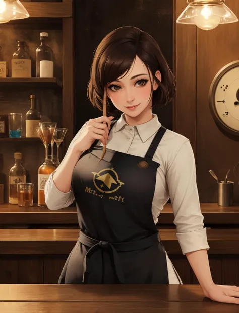 portrait, solo, half shot, looking at viewer, detailed background, detailed face, (fallout theme:1.1) smile, bartender, simple purple clothes, apron, cozy rustic tavern interior in background,  mold, wall-decorations,  counter, tankard,  low light,  fantas...