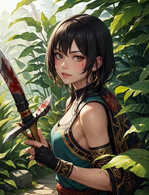 solo, half shot, looking at viewer, detailed background, detailed face, (<lora:totempunkai_v20:0.5>, totempunkai, inca theme:1.1)   jungle warrior, green tribal clothing, warpaint,  leaves,  bloodthirsty,   defensive stance, stone knife, bushes,     fronds...