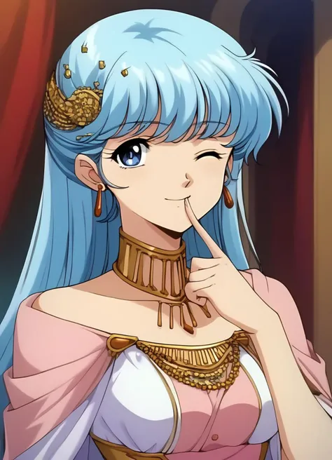 a woman with blue hair and a tiable is pointing at her finger