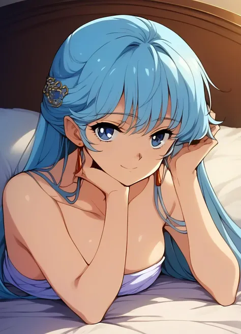 a close up of a person laying on a bed with a blue hair