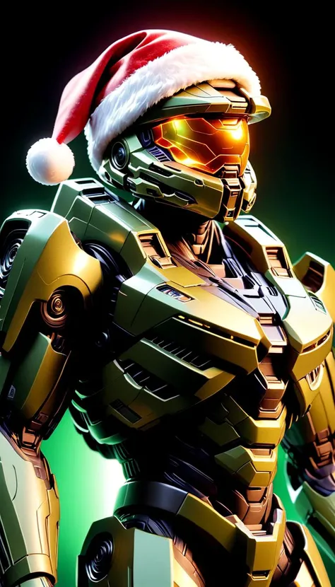 Master Chief as AI overlord Santa with Santa hat, green, artificial intelligence, overlord, hologram, holographic, glowing, augmentation, vivid, extremely beautiful glowing piercing eyes, cinematic scene, hero view, action pose, scenery, detailed backgroun...