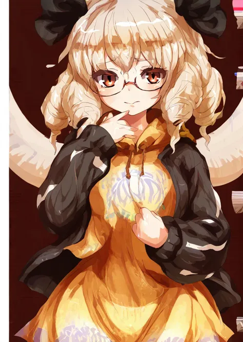 anime girl with glasses and a yellow dress holding a heart