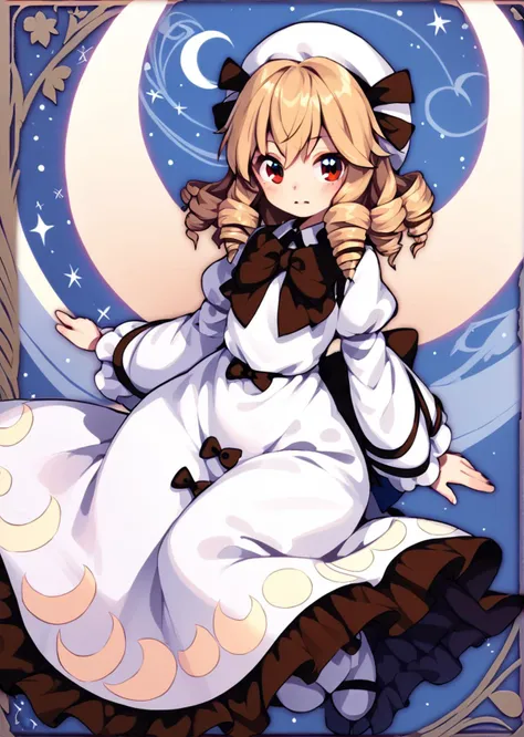 a picture of a girl in a white dress sitting on a moon