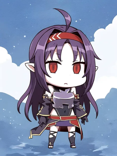 masterpiece, best quality, 1girl, solo, yuukibase, purple hair, long hair, ahoge, red eyes, pointy ears, hairband, armor, breastplate, detached sleeves, leotard, purple skirt, bare shoulders, gloves, standing, full body, chibi, april fools
 <lyco:dsyuuki_l...