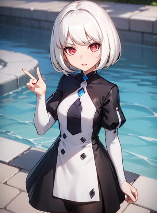 1girl, white hair, bob cut, red eyes,