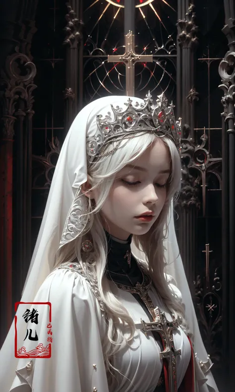 the goddess by shadrach jaroshelev, in the style of gothic futurism, dark white and light red, hyper-detailed illustrations, uhd image, Gorgeous costume details, intricate costumes, (cathedral:1.6)(beautiful and clear background:1.4),
(Transparent blindfo...