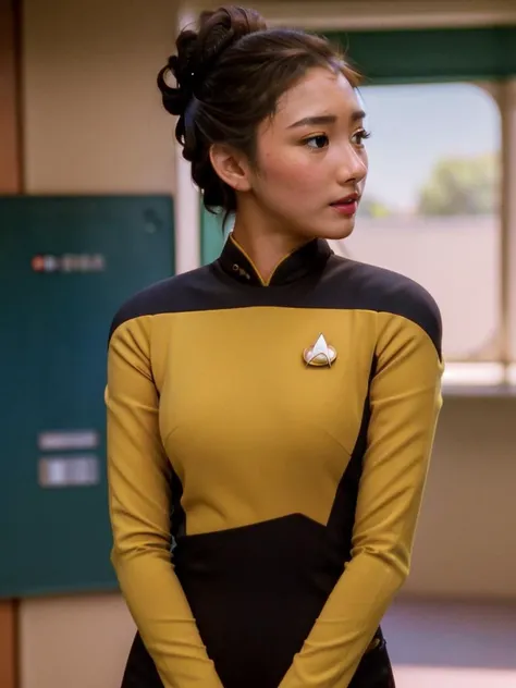 a photo of pretty asian suz1-001 (s3stngunf yellow uniform:1.2),black pants, long sleeves, (updo:1.3), photo realistic, looking at viewer, (head and shoulders closeup:1.2).in engineering. <lora:TNGS3Standalone:1>. fcHeatPortrait