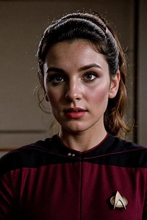 a close up of a woman in a red shirt with a black shirt