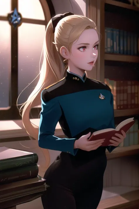 1girl, (blue 3stngunf uniform:1.35),solo, blonde hair, long hair, high ponytail, hair intakes, red eyes, long eyelashes, thick eyelashes, looking at viewer, indoors, library, books, (renaissance, vintage:1.2), dark, night, candlelight, window<lora:STNGV3ne...