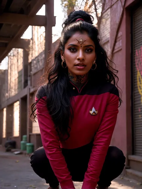 indian woman, close up, tattooed street style icon, squatting, drenched in rebellious energy, wearing s3stngunf red uniform, vibrant graffiti as backdrop, edgy fashion, sense, confident gaze, colorful hair, light beams streaming through haze, intricate det...