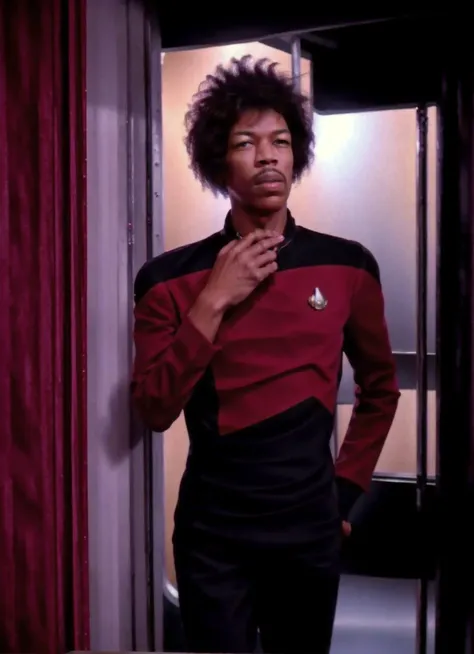 jimi hendrix in a red and black command s3sttngsuit uniform , 8k uhd, dslr, soft lighting, high quality, film grain,masterpiece ...