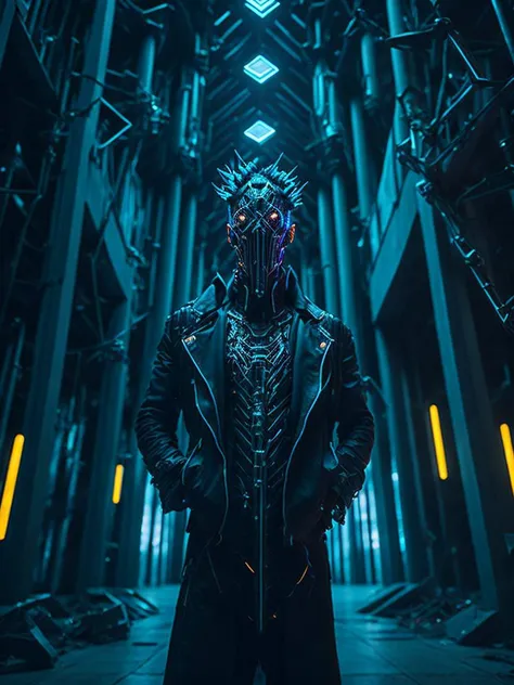 a grim portrait of a man with intricate angular cybernetic implants inside a brutalist building, gothic brutalist cathedral, cyberpunk, award winning photo, bokeh, neon lights, cybernetic limb