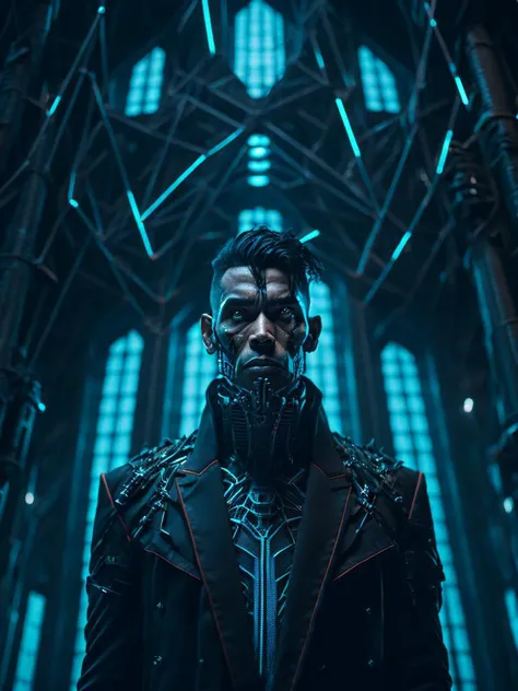 a grim portrait of a man with intricate angular cybernetic implants inside a brutalist building, gothic brutalist cathedral, cyberpunk, award winning photo, bokeh, neon lights, cybernetic limb