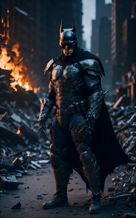 A dramatic photo of Batman, alone in the midle of a chaotic cityscape, detailed background, Canon EOS R6, focal length of 85mm, an aperture of f/2.8 and ISO 640, street point of view, from ground, from floor, wasteland, (poor quality photo:1.6), (blurry:1....