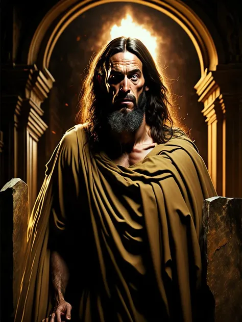 photo realistic award winning portrait of Jesus, Leonardo Da Vinci style, Jesus emerging from the tomb with the stone rolled away, The guards look on in shock, Jesus rises into the air surrounded by a bright light, The witnesses faces show amazement and jo...