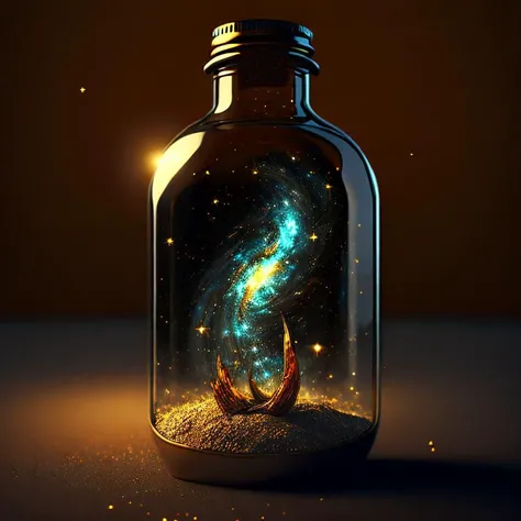 glass bottle sitting on top of a table| a photorealistic painting| pixels| conceptual art| stars and galaxies| highly detailed perfect render| light effect| modern fantasy| glittering multiversal ornaments| universe in a grain of sand| photo manipulation| ...