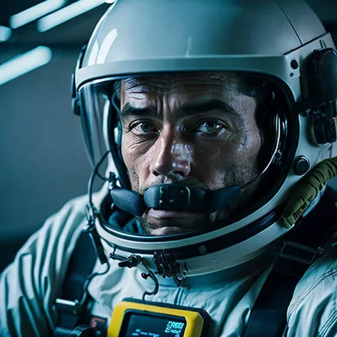 Photo of a man in cockpit, space helmet, space suit, life support system, breathing apparatus, photo realistic, Kodak Ultra Max, 85mm, shot on iphone 7, dslr, high quality, realistic, raw, 4k, analog