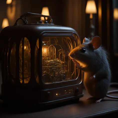 A tiny furry mouse looking at a gleaming art deco 1930s radio made of polished wood, glowing dial, evening lamplight, playing the annual national address