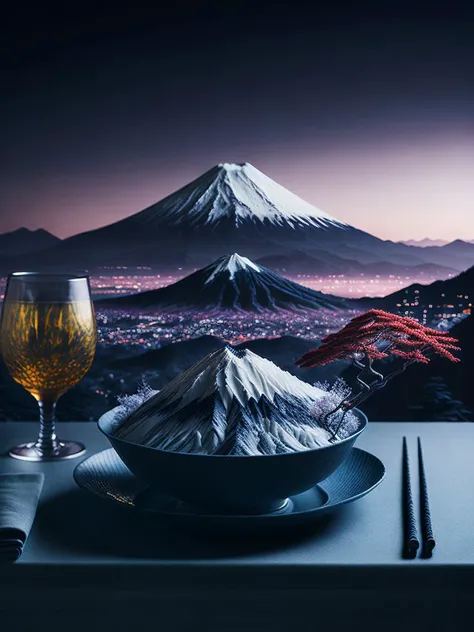 <lora:surrealPlateLora_v10:1> a plate with mount fuji, sleepy japanese town, majestic, intricate, chopsticks, sunrise