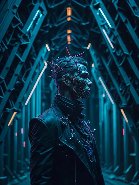 a grim portrait of a man with intricate angular cybernetic implants inside a brutalist building, gothic brutalist cathedral, cyberpunk, award winning photo, bokeh, neon lights, cybernetic limb