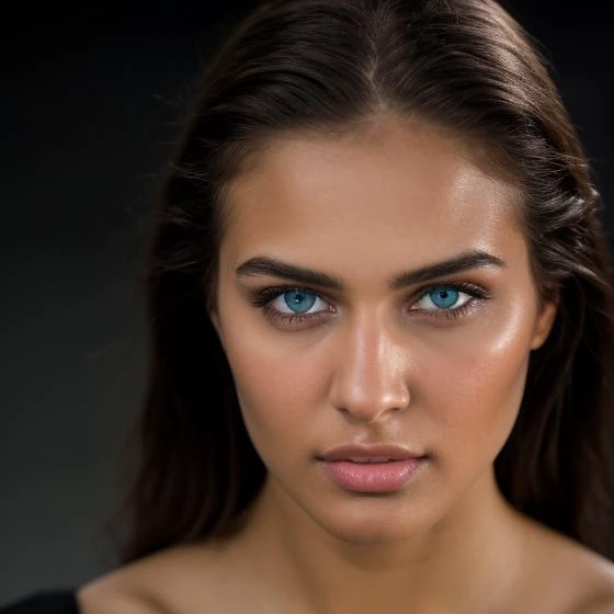 a close up of a woman with blue eyes and a black shirt