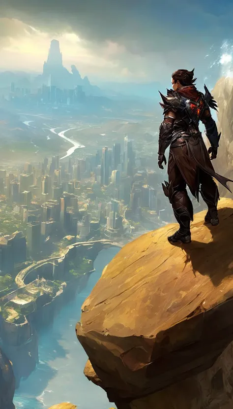 Cinematic scene, hero view, a lone adventurer stands atop a cliff, overlooking a breathtaking view of a sprawling city below. The city is alive with activity, as traders and travelers make their way through the bustling streets, action pose, masterpiece, b...