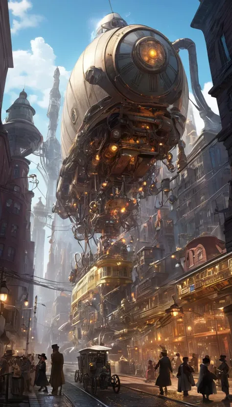 The setting is a bustling city in the year 1895, where steam-powered machines and airships dominate the skyline. The streets are filled with colorful neon lights and towering buildings made of steel and glass. The streets are filled with people dressed in ...