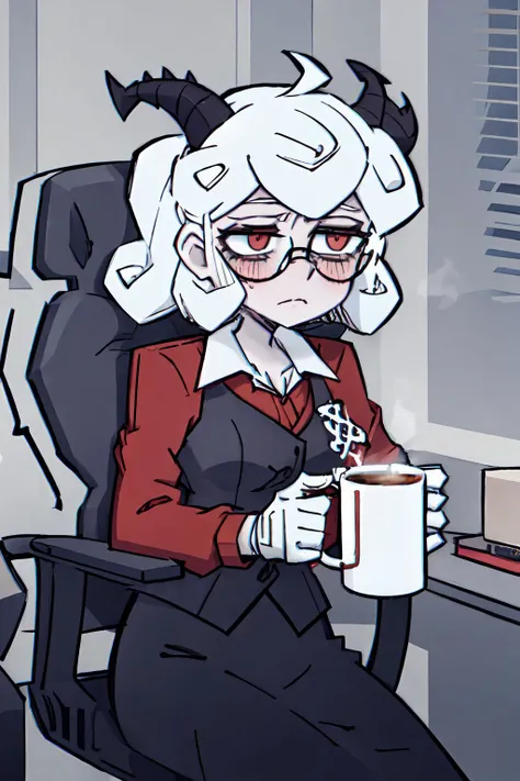 masterpiece,best quality,1girl,pandemonica,glasses,tired,frown,blush,(bags under eyes),coffee,coffee mug,(business suit),sitting,office chair,indoors,cowboy shot,official artstyle with cel shading and official art,<lora:helltakerv1 te.2:1>,