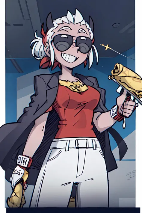 masterpiece,best quality,1girl,justice,sunglasses,grin,open jacket,holding pancake,cowboy shot,official artstyle with cel shading and official art,<lora:helltakerv1 te.2:1>,