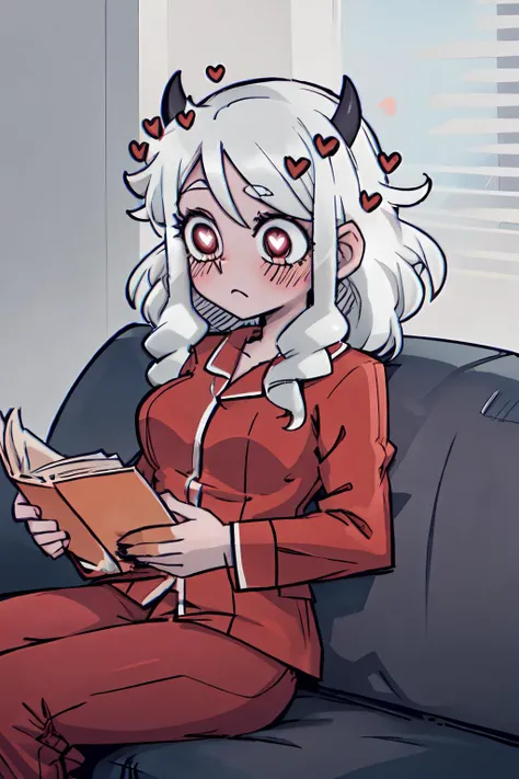 masterpiece,best quality,1girl,modeus,blush,heart,heart shaped pupils,(pajamas),sitting,couch,holding book,reading,indoors,cowboy shot,official artstyle with cel shading and official art,<lora:helltakerv1 te.2:1>,