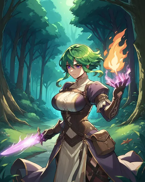 a woman in a green wig holding a purple fire