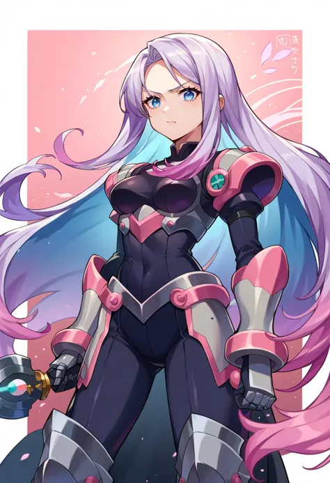 a cartoon picture of a woman with long hair and armor