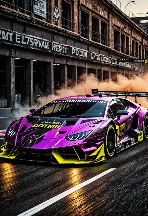 dynamic angle, masterpiece, award winning picture,  Lamborghini DTM car racing, drifting, futuristic background, hyper detailed, intricate,  neon poster, epic, ultra detail, intricate details, UHD