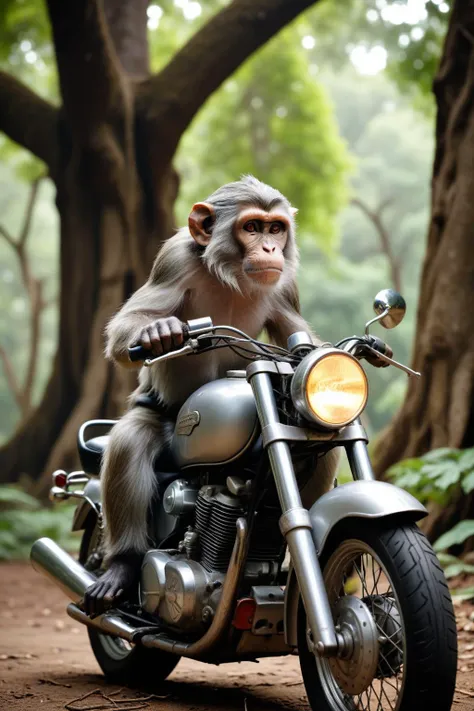 A place with a very vast nature with big trees and lots of vegetation, lit from below ground level shot (photograph:1.2) old wise grey haired monkey wearing (50s clothing:1.2) detailed background depth of field chains, mohawk, motorcycles