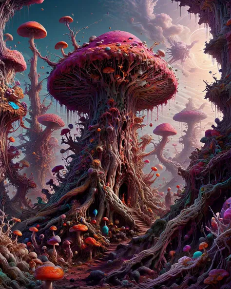 st1cky detailed, st1cky people, c4r4, Extremely detailed, surreal landscape. Colorful mushroom forest, ethereal trees with crystal roots, floating mountains in clouds, celestial bodies swirling through nebulas above a post-apocalyptic world filled with bro...