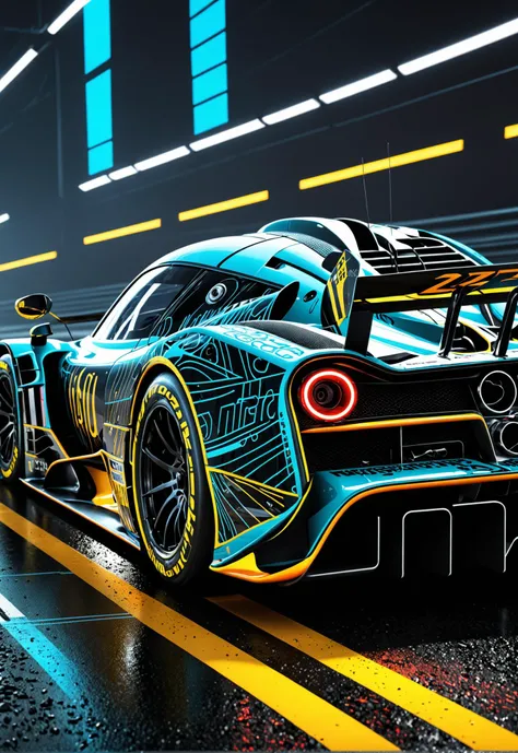 dynamic angle, masterpiece, award winning picture,  Zonda DTM car racing, futuristic background, hyper detailed, intricate, neon poster, artstation, epic, ultra detail, intricate details, UHD