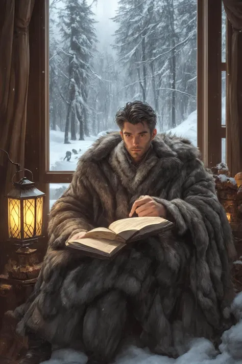 comic book style, Handsome man wearing a bulky fur coat, detailed hair, sitting in a well-lit warm log wood cabin indoors, winter time, cozy scene, detailed reflective eyes, holding a book and lantern, warm lighting, (stormy snow window in the background),...