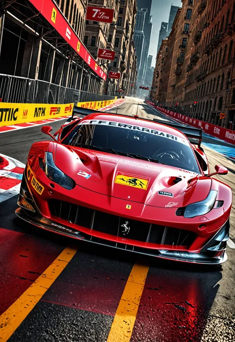 ferrari sports car driving on a race track in a city