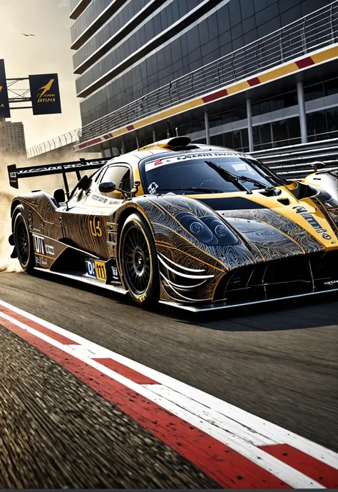 dynamic angle, masterpiece, award winning picture,  Zonda DTM car racing, futuristic background, hyper detailed, intricate,  poster, epic, ultra detail, intricate details, UHD