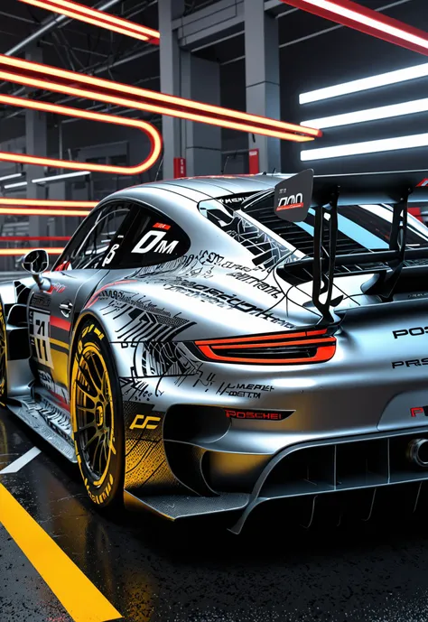 dynamic angle, masterpiece, award winning picture,  Porsche DTM car racing, futuristic background, hyper detailed, intricate, neon poster, artstation, epic, ultra detail, intricate details, UHD