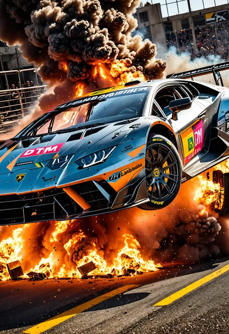 dynamic angle, masterpiece, award winning picture, Lamborghini DTM race car, Explosion, Car flipping, Crashing, accident, fire, futuristic background, hyper detailed, intricate,  neon poster, epic, ultra detail, intricate details, UHD