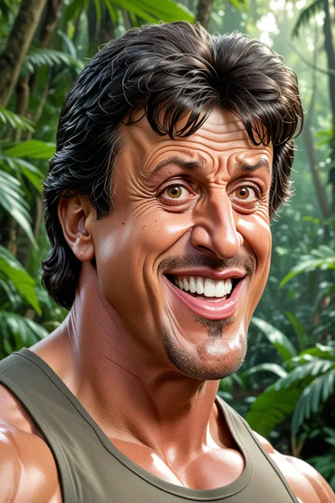 Cartoon style,  (oversized facial features:1.4), (caricature:1.4) of Silvester Stallone as Rambo with a big nose, big chin, big smile from ear to ear, outside Jungle